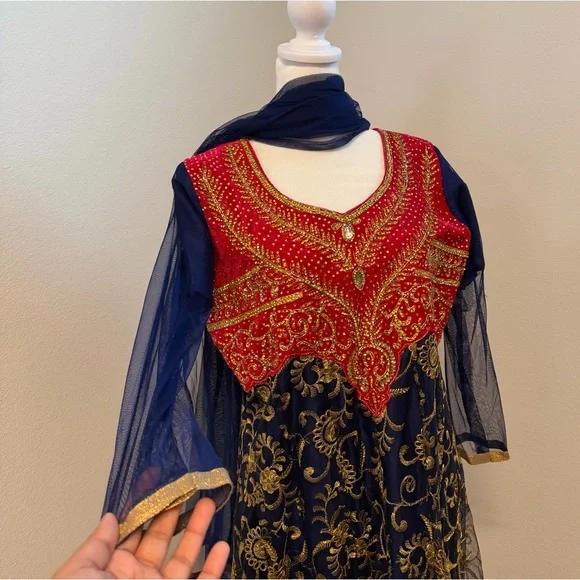 Girls Hot Pink Navy Gold Embroidered Formal Anarkali Dress with Dupatta - Picture 2 of 6